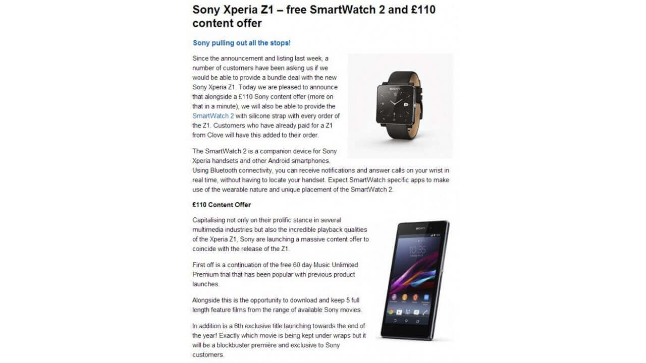 英国Clove、Xperia Z1 C6903購入でSmartWatch 2と£110分コンテンツ付けるキャンペーン実施