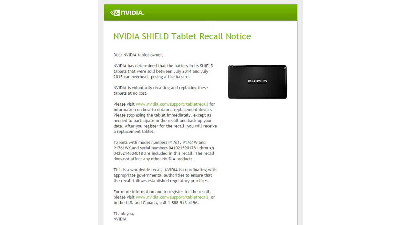 「NVIDIA Shield Tablet」バッテリー発火危険性のため世界的にリコールへ