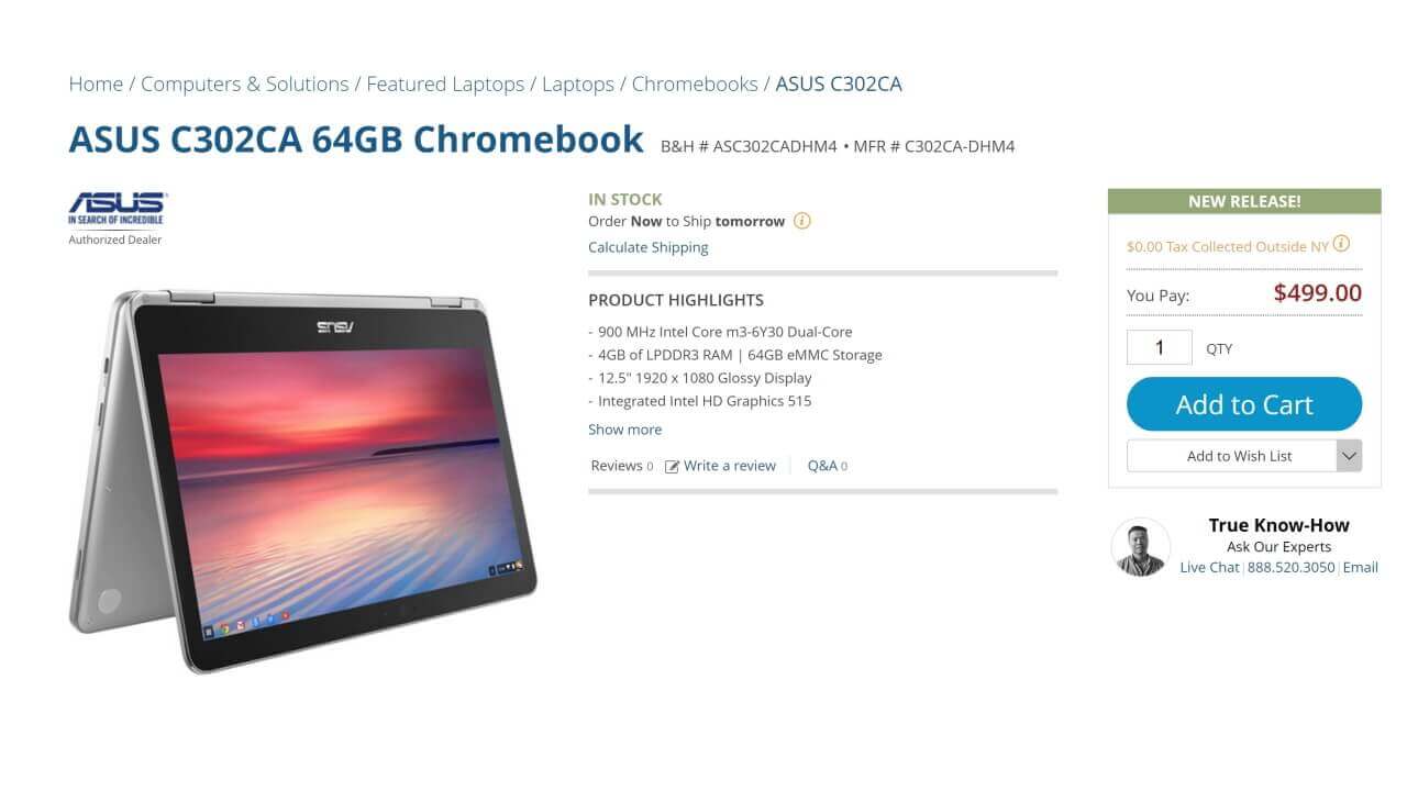 B&H、「ASUS Chromebook Flip C302CA」Core m3/64GB/4GB RAMモデル発売